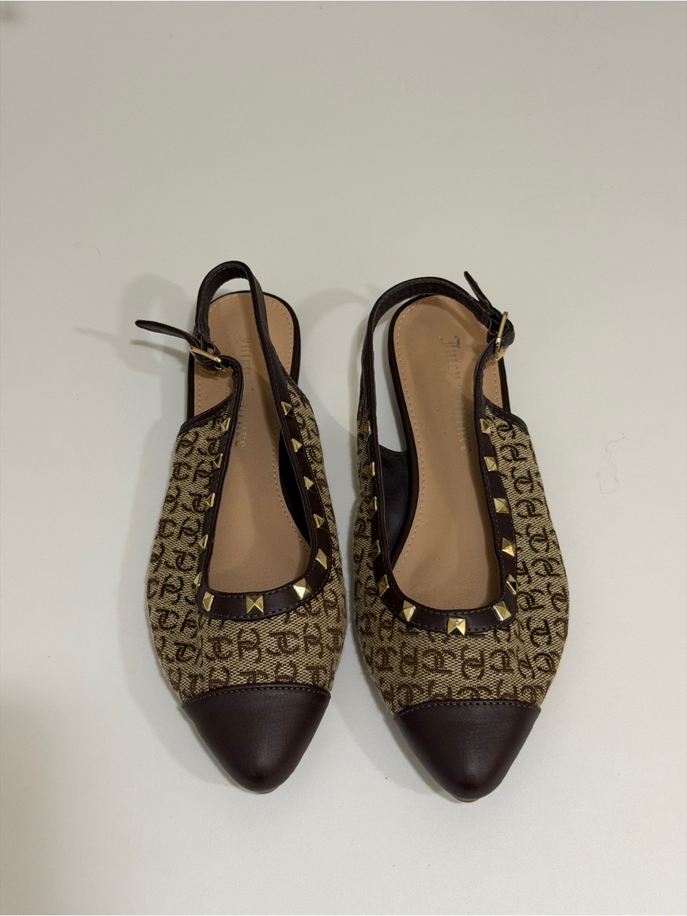 Juicy Couture Brown Logo Studded Slingback Flats